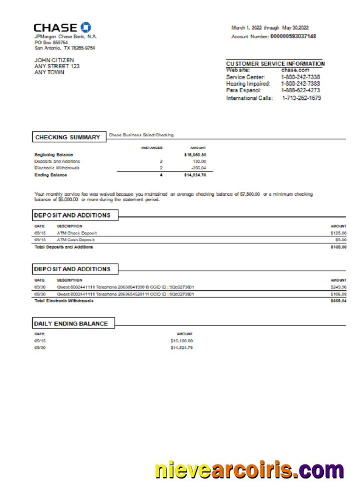 USA Chase bank statement Word and PDF, version 3.1